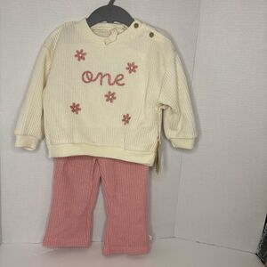 Snug Baby Embroidered Knit Pink Ivory Cream Set Floral “One” First Birthday 12M